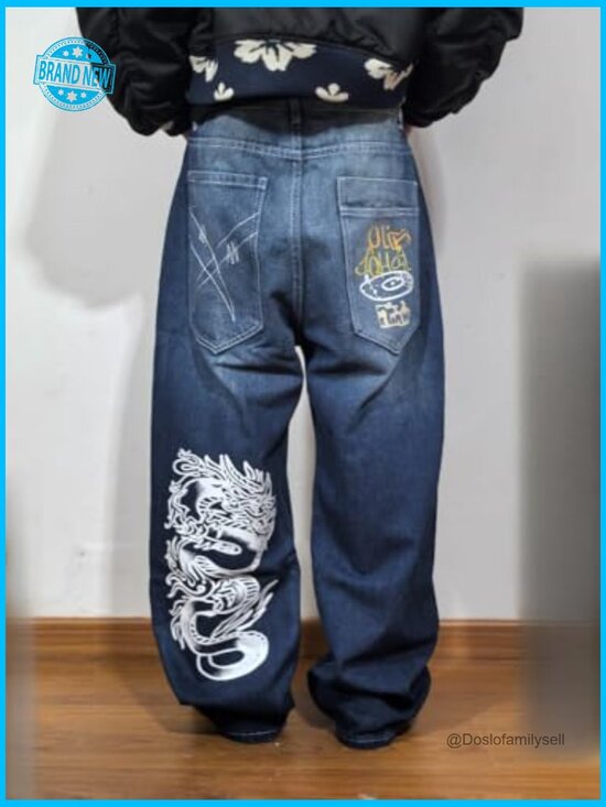 Y2K Baggy Jeans Vintage High Waist Wide Leg Gothic Print Street Style - Picture 5 of 5